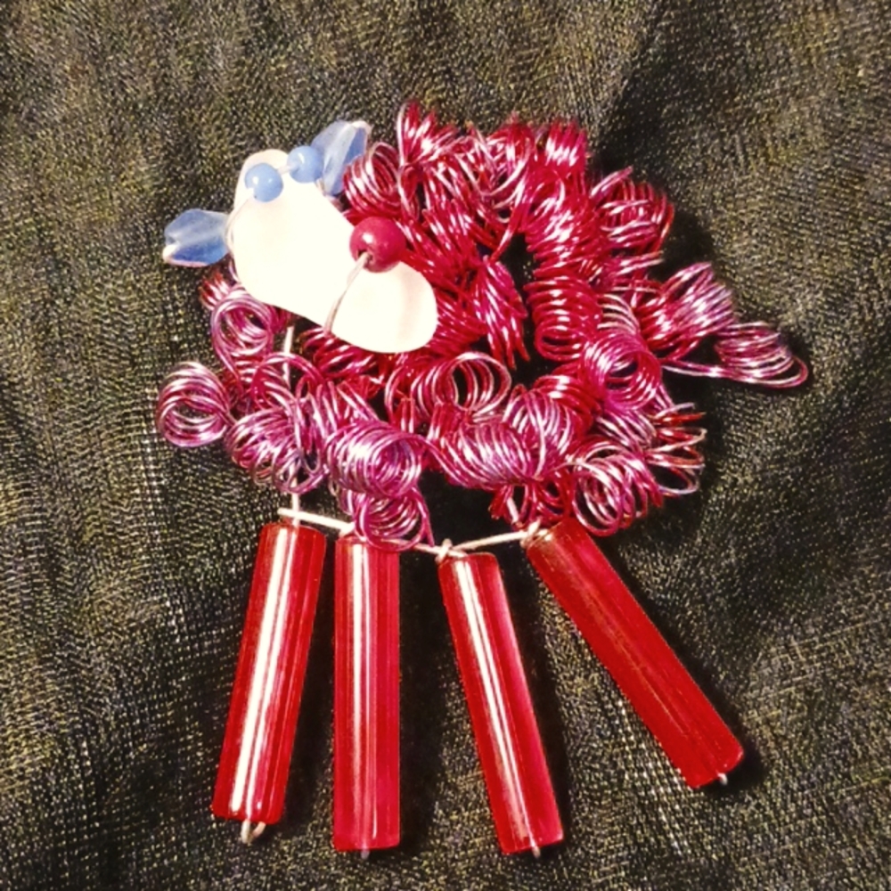 Red Bead, Wire and Glass Critter Brooche